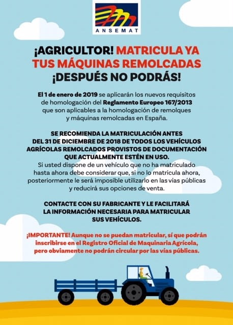 AVISO IMPORTANTE - Matriculación máquinas arrastradas antes del 31.12.18